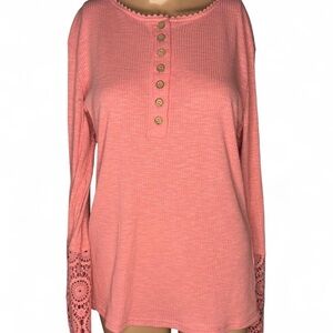 Blush Pink Waffle Knit Henley Top | Crochet Lace Sleeves | Long Sleeve